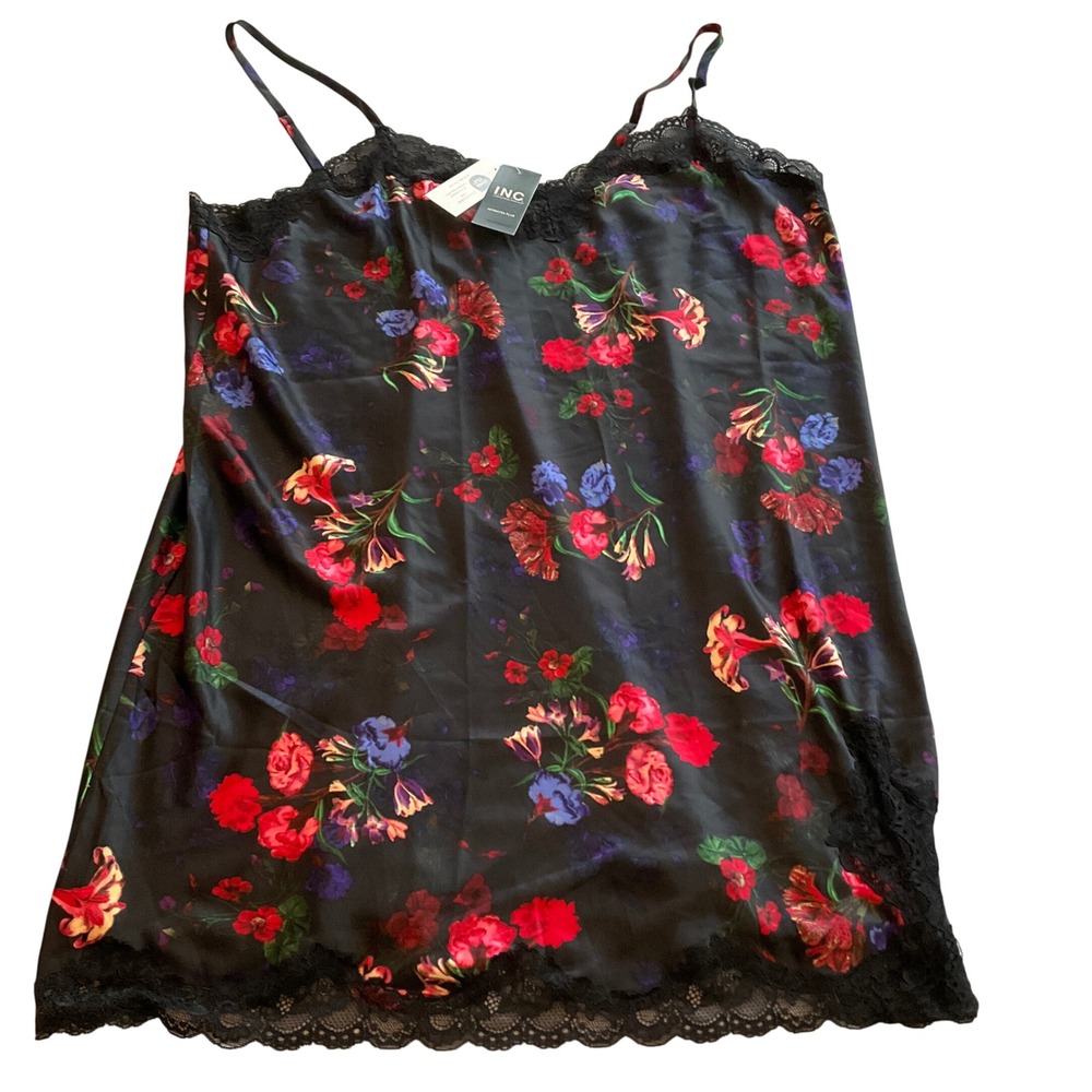 INC International Concepts‎ Womens Black Floral Lace Trim Chemise Nightgown 2X